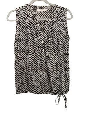 Loft Women Top Sz XS Black/Off-White Geometric Print Slvless Tie-Waist BizCasual